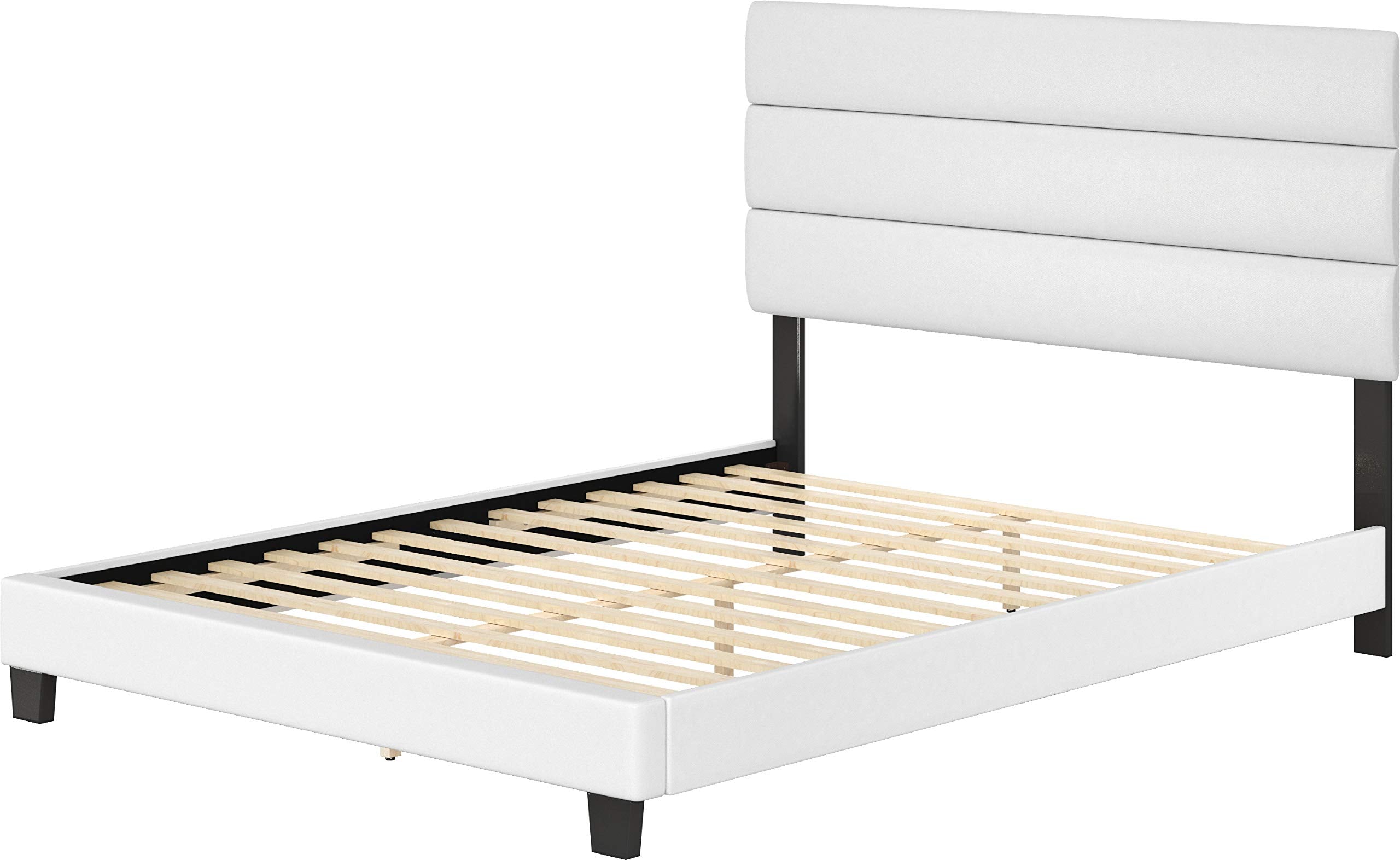 Boyd Sleep Piedmont Upholstered Platform Bed Frame Mattress Foundation With Tri-Panel Headboard And Strong Wood Slat Supports: Faux Leather, White, Queen